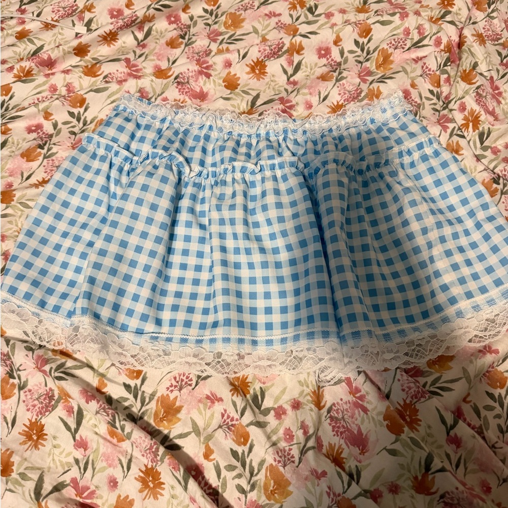 Blue Gingham Skirt with Lace Trim